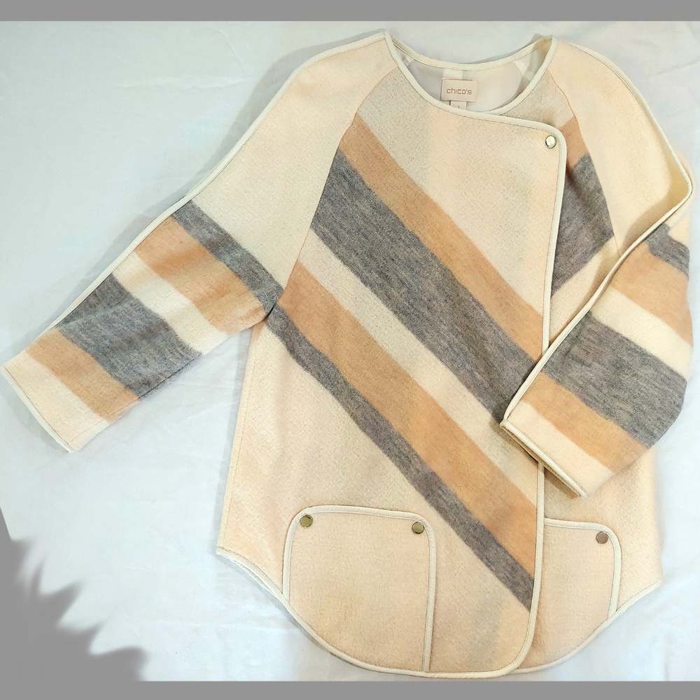Chico's Wool Yarn-Dye Chevron Open Front Cape SZ 1